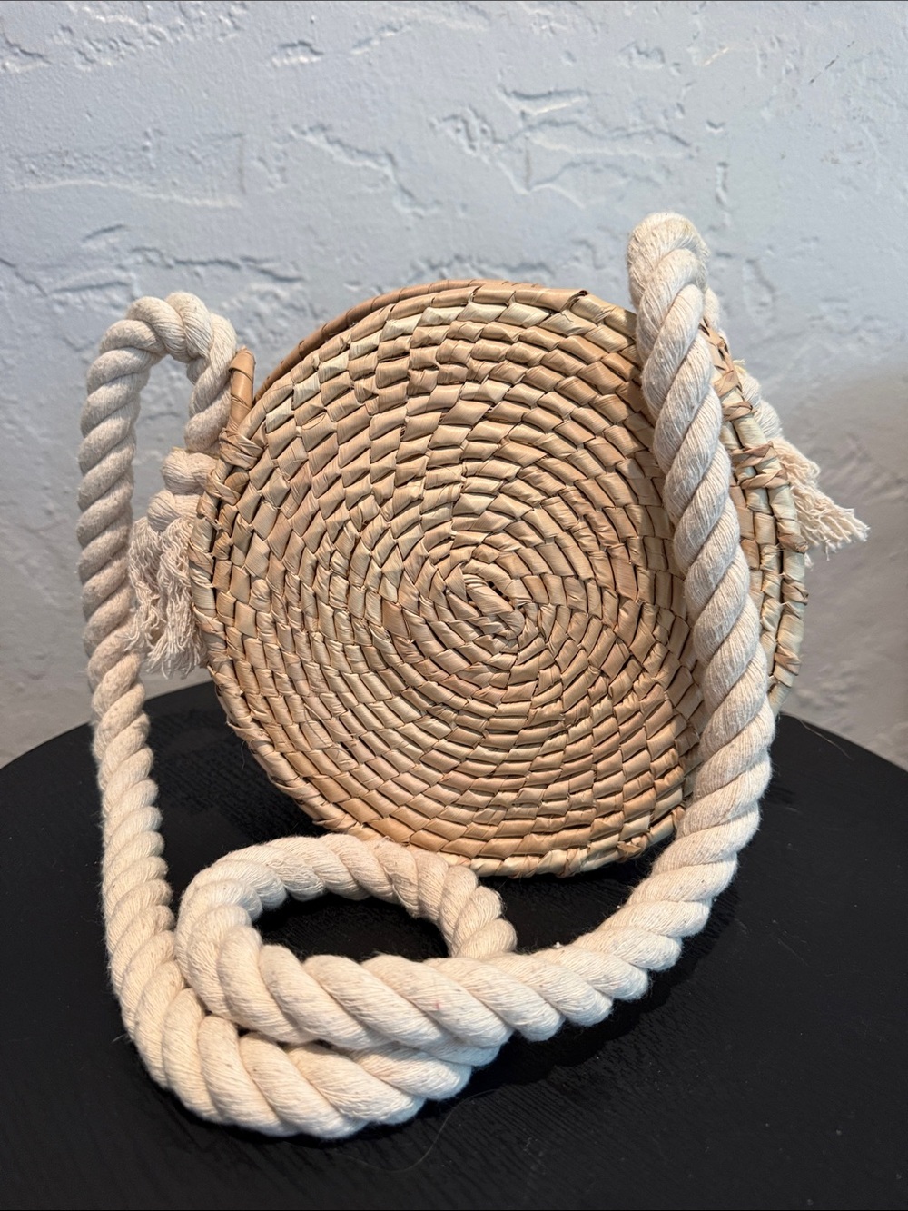 Woven Round Straw Crossbody Bag with Cream Rope Strap